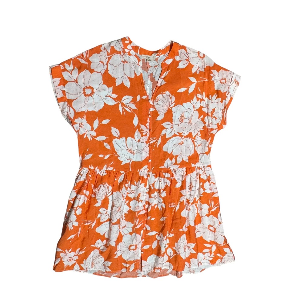 Easel orange floral button down baby doll Sz S tunic top resort wear tropical